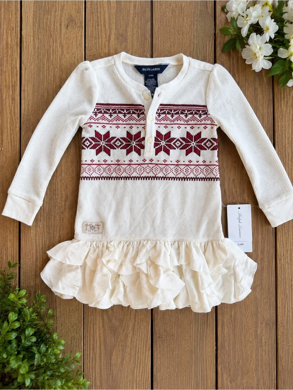 Ralph Lauren Girls 24M Fair Isle Waffle Knit Ruffle Dress Cream NWT